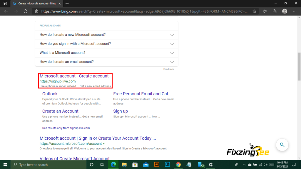 Type create a Microsoft account and click on it