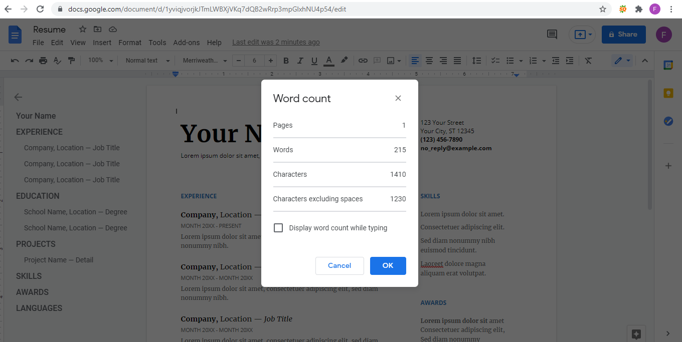 word counter google doc