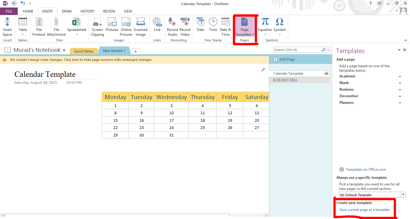 Save your Calendar as a Custom OneNote Template