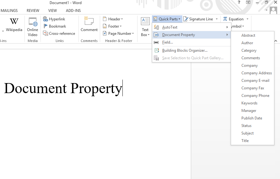 How to use the Document Property Quick Parts feature in Word
