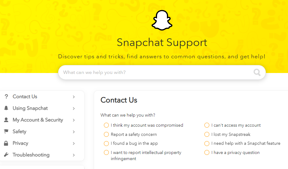 support via the Snapchat website