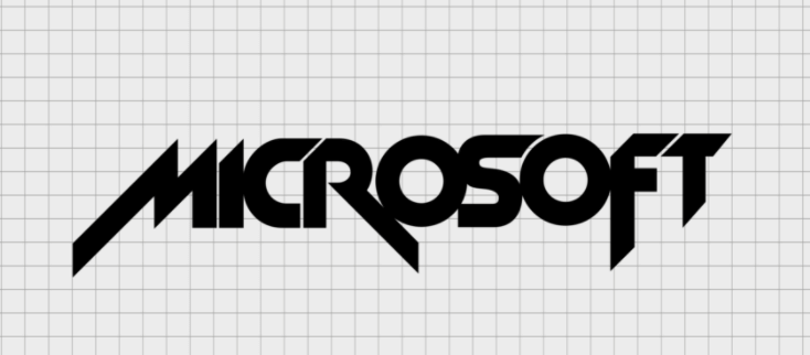 Enter the 1980s.   The easy-going marijuana haze of the 1970s gives way to the go-go cocaine 1980s. Society enters a sharper-edged, more aggressive phase, and Microsoft logo history is about to be made as company designers follow the trend.   The company decides to do away with the soft, rounded contours of the original Microsoft logo in favor of something completely different:  In just five years’ time, the old Microsoft logo has undergone a radical overhaul. The letters are now formed of bold, single lines instead of the poufy series of fat circles and concentric lines in the original Microsoft logo.   There’s nothing subtle here about Simon Daniels’ second go: the new Microsoft logo is based on the New Zelek font, all aggressive, piercing diagonals.   It’s reminiscent of a heavy metal band’s album cover. Indeed, if you look closely at how the M, R, and F extend past the outline of the rest of the letters, it looks a lot like Metallica’s logo. 