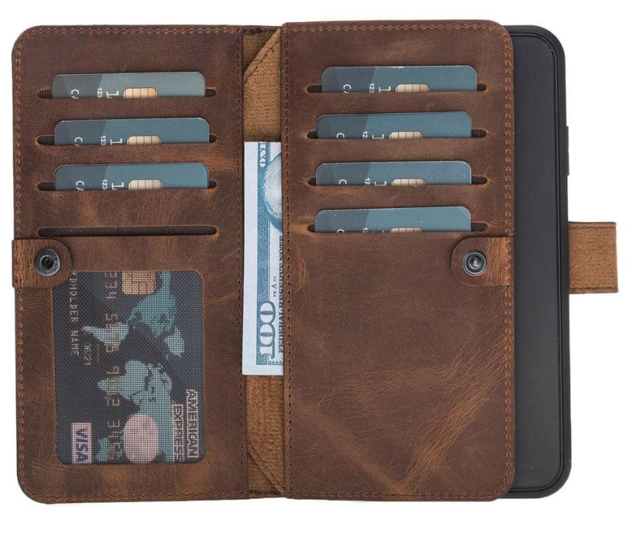 Antic Brown Leather iPhone Wallet 13, 12, 11, X, XS Max, XR, 8, 7, 6 Plus Case, Magnetic Detachable Double Wallet Case, iPhone Card Holder