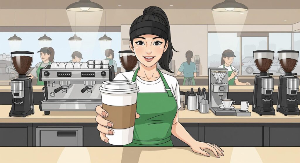 Starbucks barista serving coffee.
