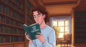 person reading Crime and Punishment in library