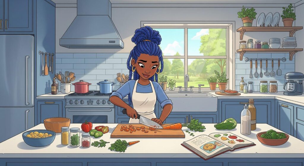 woman cooking healthy meal in kitchen