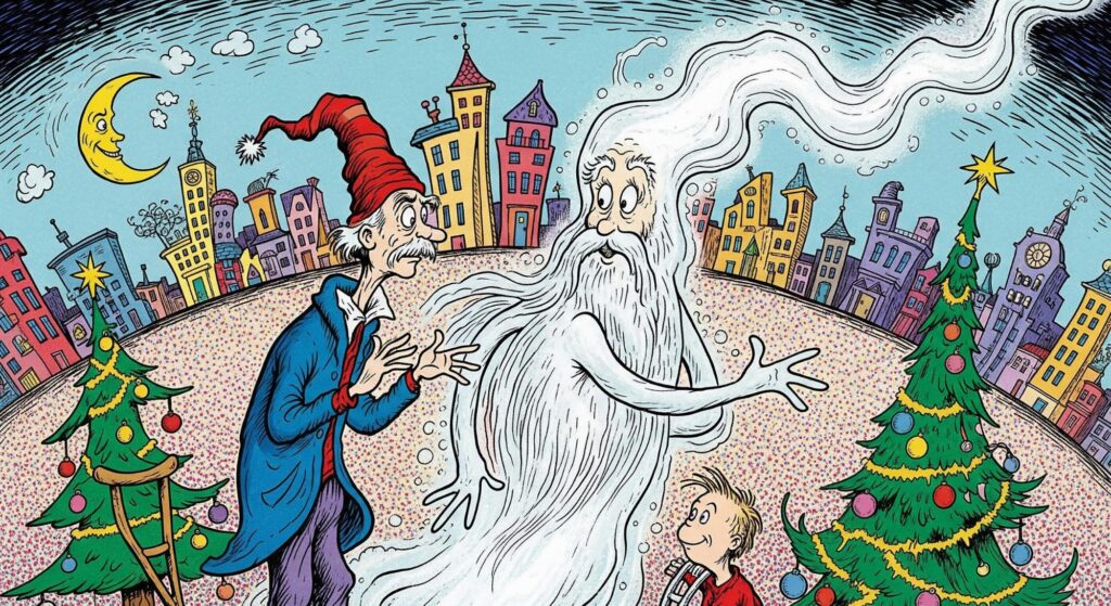 Scrooge and the Ghost of Christmas Present illustration