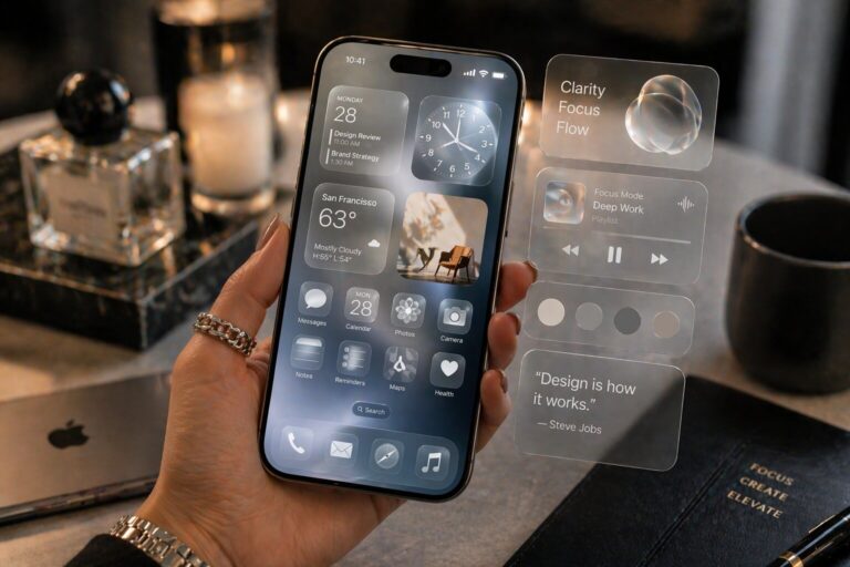 Liquid Glass UI design on iPhone showing translucent layers and fluid digital interface