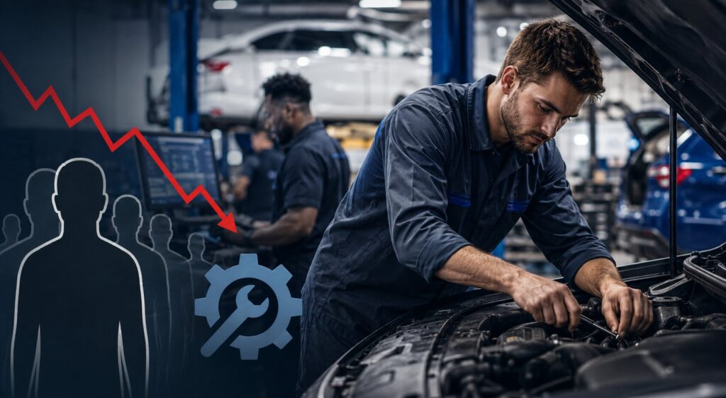 automotive technician working on complex vehicle as dealerships face growing skilled worker shortage
