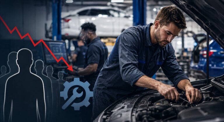 automotive technician working on complex vehicle as dealerships face growing skilled worker shortage