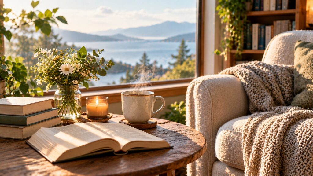 Cozy stack of quiet Sunday afternoon books
