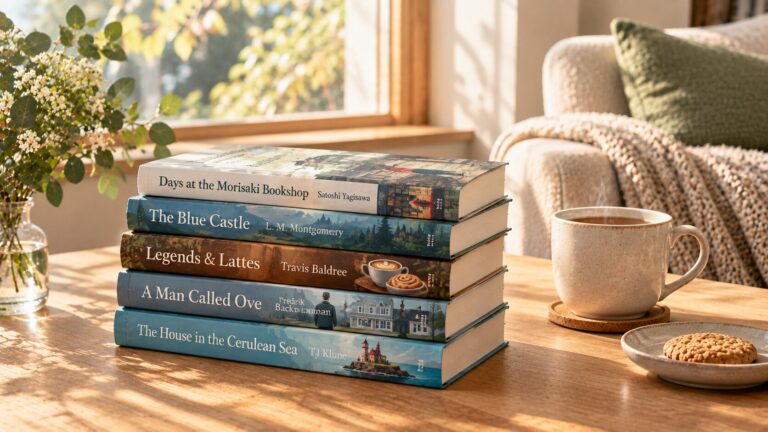 Cozy stack of quiet Sunday afternoon books